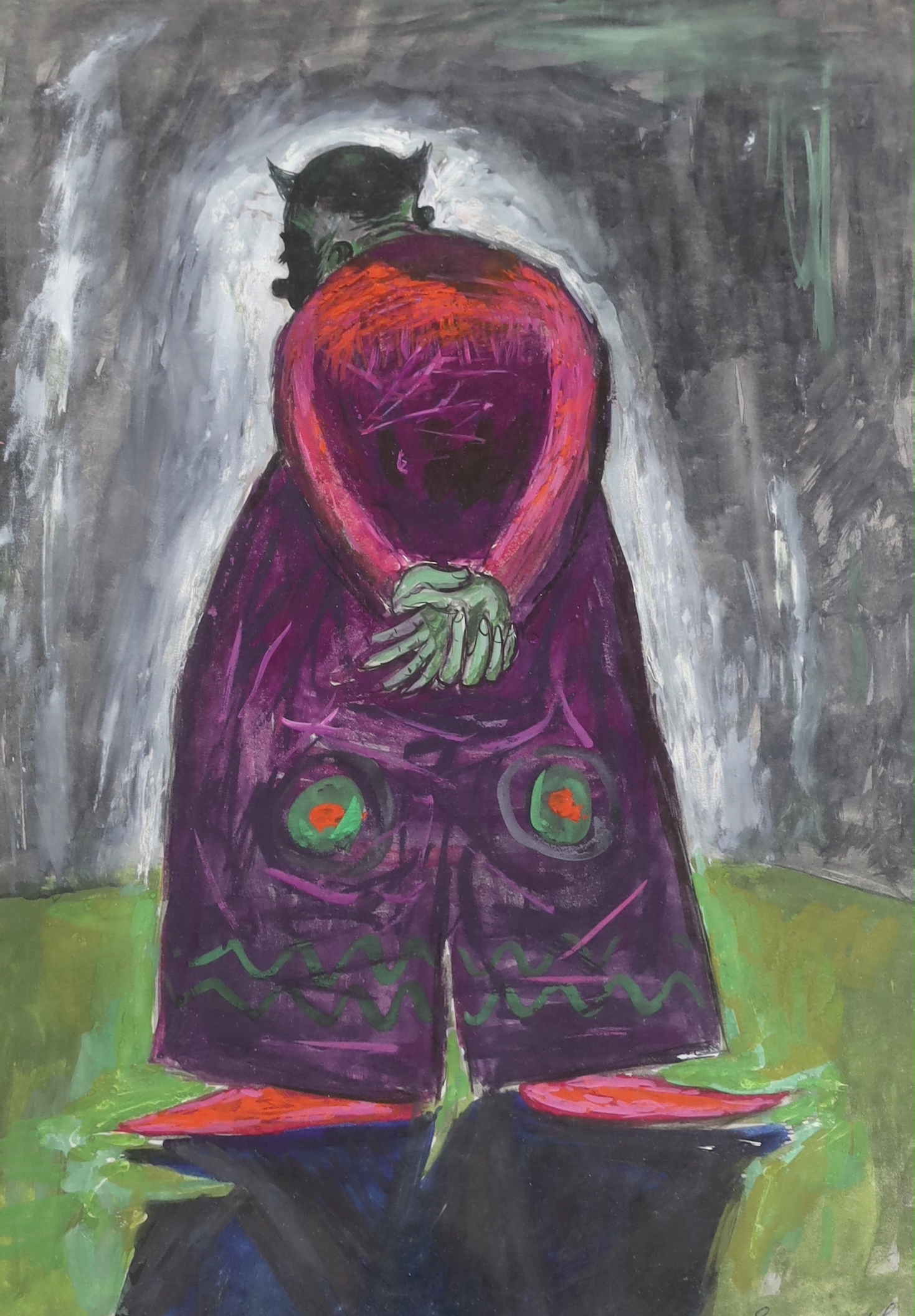 Emmanuel Levy (1900-1986), surreal mixed media, Full length study of a clown, signed and dated '57, 51 x 36cm